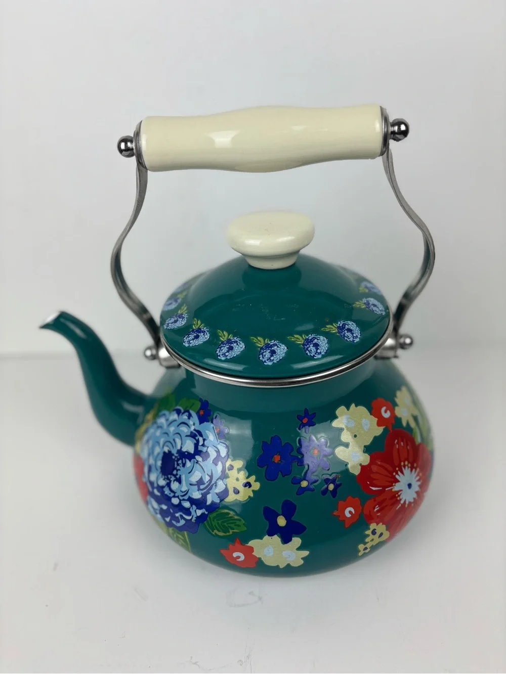 Pioneer Woman Teal Floral Enamel Tea Kettle-EUC-RARE color!